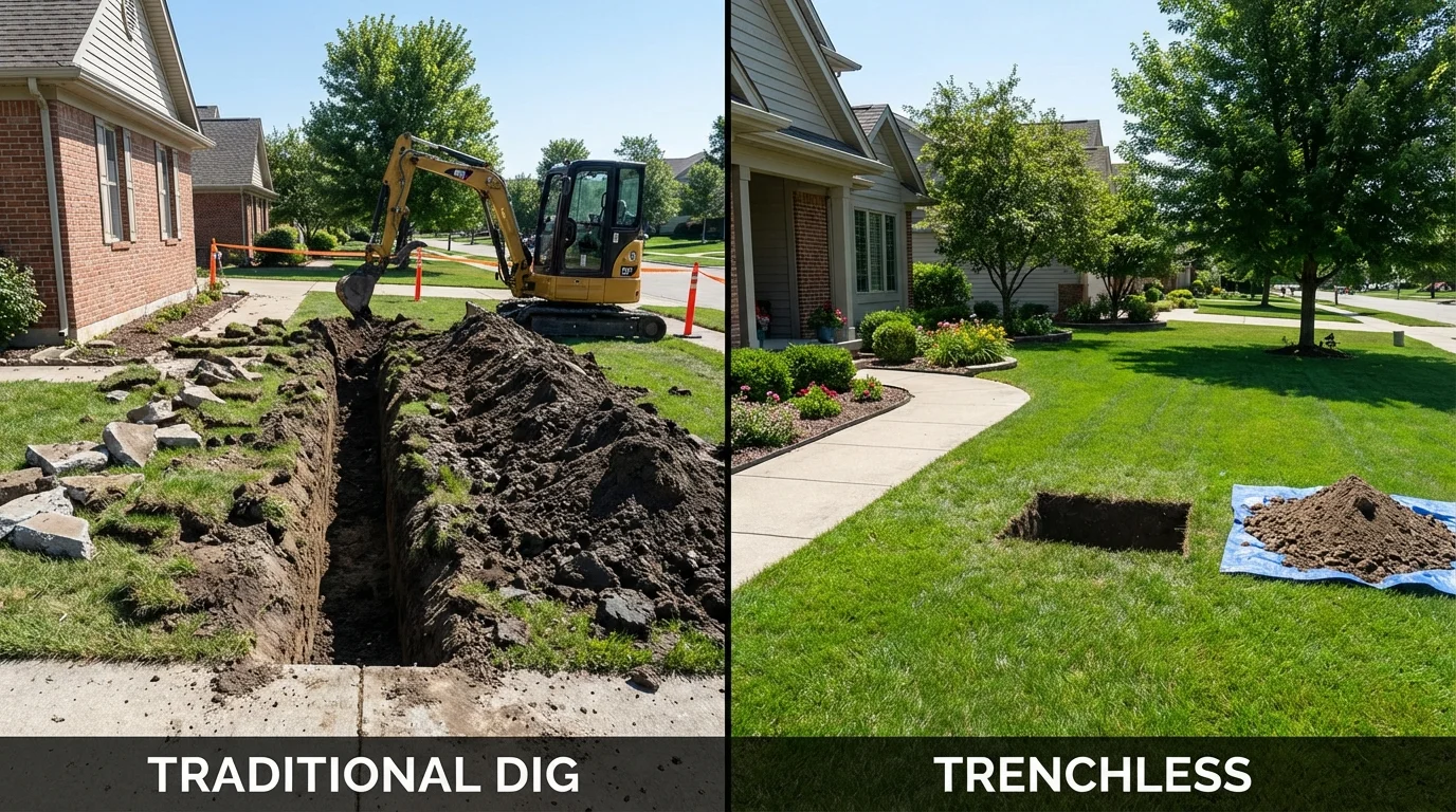 Trenchless sewer repair with minimal yard damage versus traditional excavation in Bethany, WV